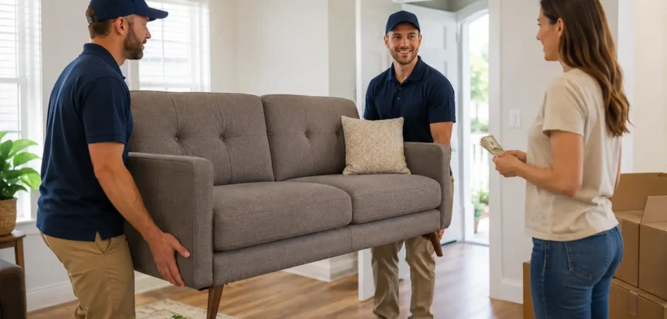 Homeowner preparing to tip furniture delivery workers bringing in a sofa