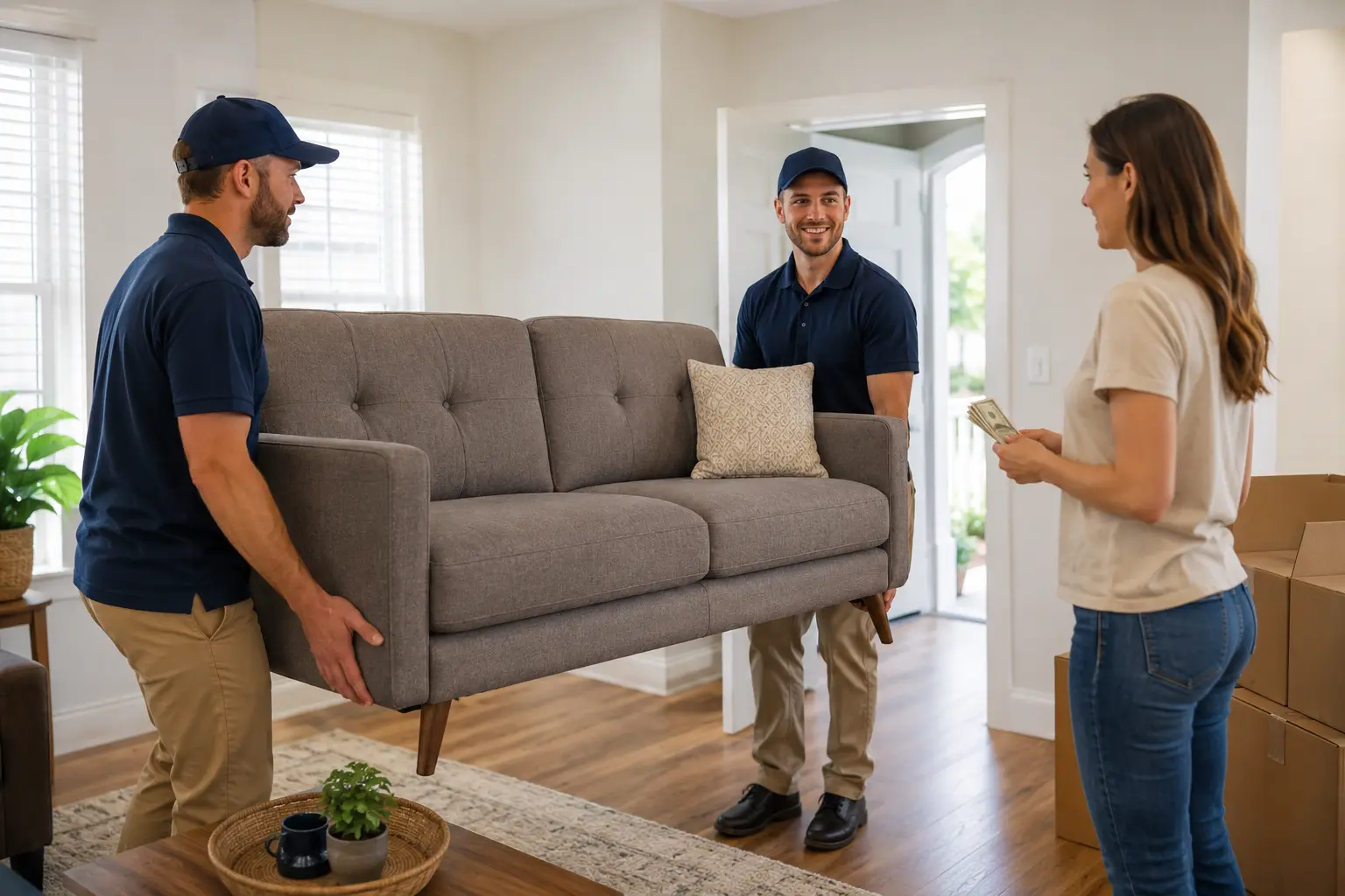 Homeowner preparing to tip furniture delivery workers bringing in a sofa