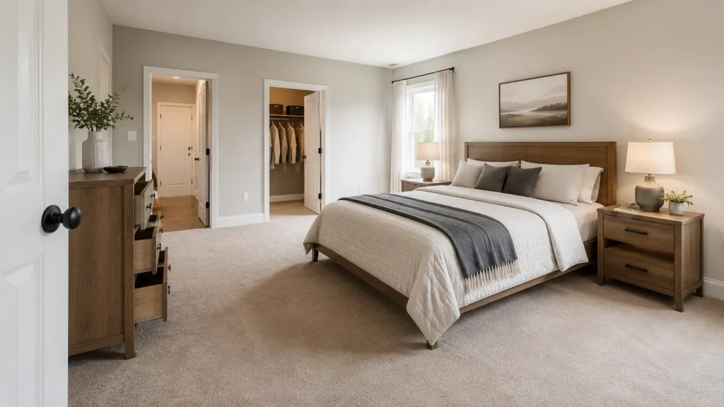 Well-arranged bedroom with a centered bed, dresser, nightstands, and clear walking paths