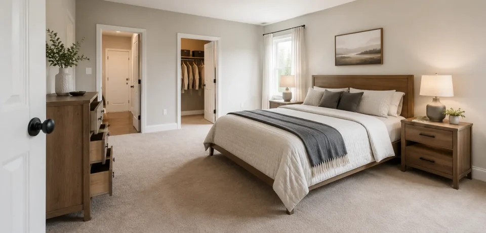 Well-arranged bedroom with a centered bed, dresser, nightstands, and clear walking paths