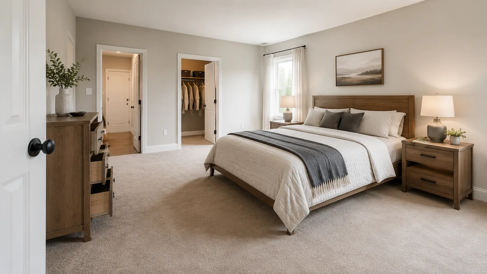 Well-arranged bedroom with a centered bed, dresser, nightstands, and clear walking paths