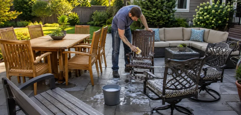 How to clean outdoor furniture safely using mild soap and water on different materials