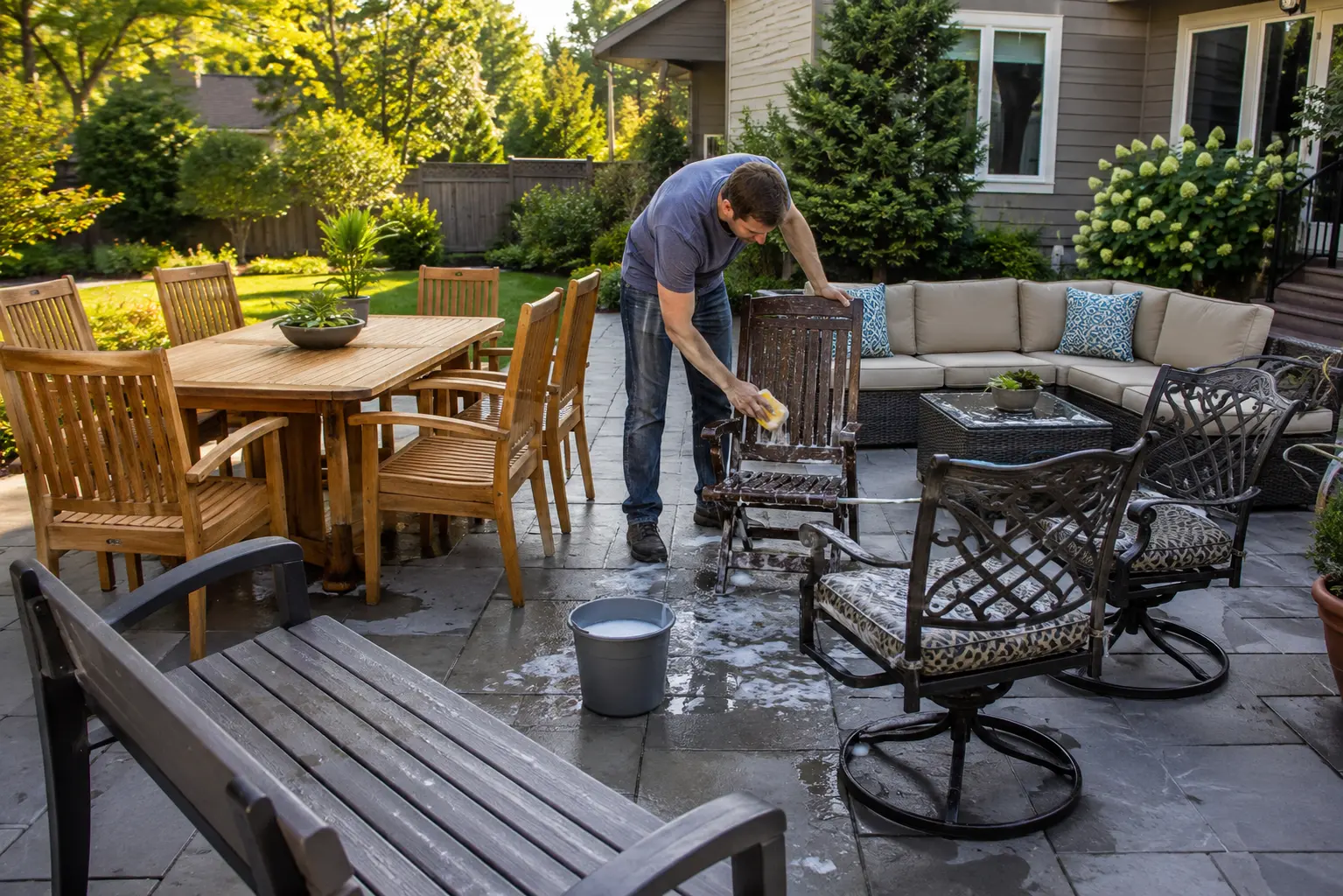 How to clean outdoor furniture safely using mild soap and water on different materials