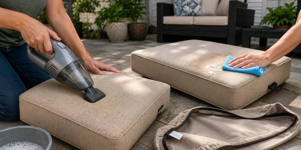 Outdoor patio cushions being vacuumed and gently spot-cleaned