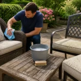 Cleaning patio furniture safely with mild soap, a soft brush, and microfiber cloth