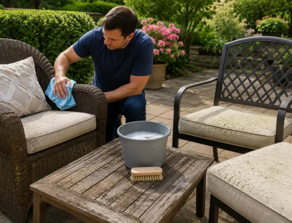 Cleaning patio furniture safely with mild soap, a soft brush, and microfiber cloth