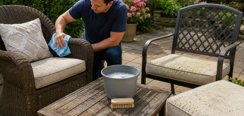 Cleaning patio furniture safely with mild soap, a soft brush, and microfiber cloth