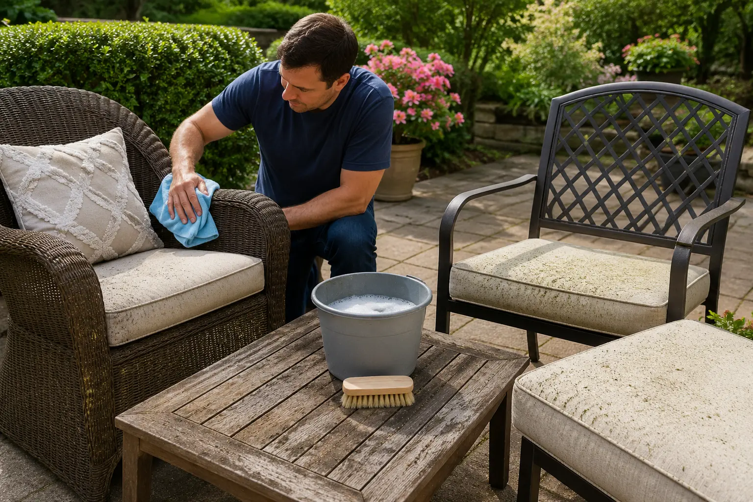 Cleaning patio furniture safely with mild soap, a soft brush, and microfiber cloth
