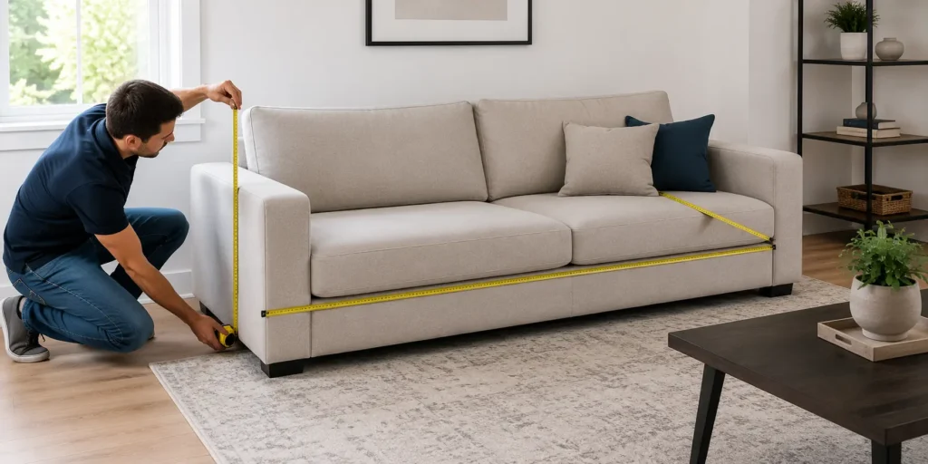 Measuring sofa width, depth, height and diagonal depth for furniture fit