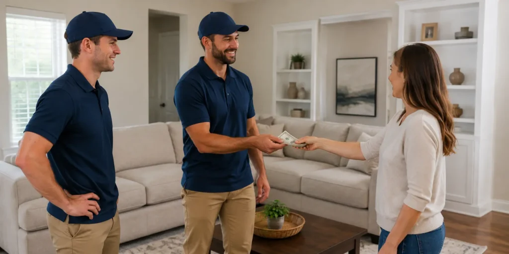 Customer handing cash tips to two furniture delivery workers