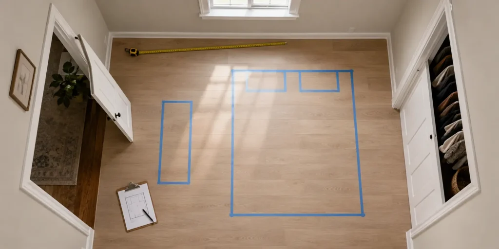Bedroom floor being measured and mapped before arranging furniture