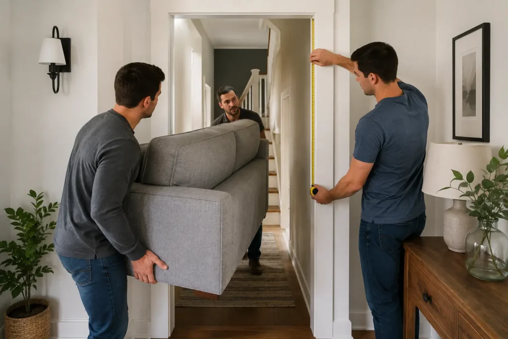Checking sofa clearance through a doorway and narrow delivery route