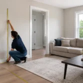 Person measuring living room space with a tape measure before buying furniture