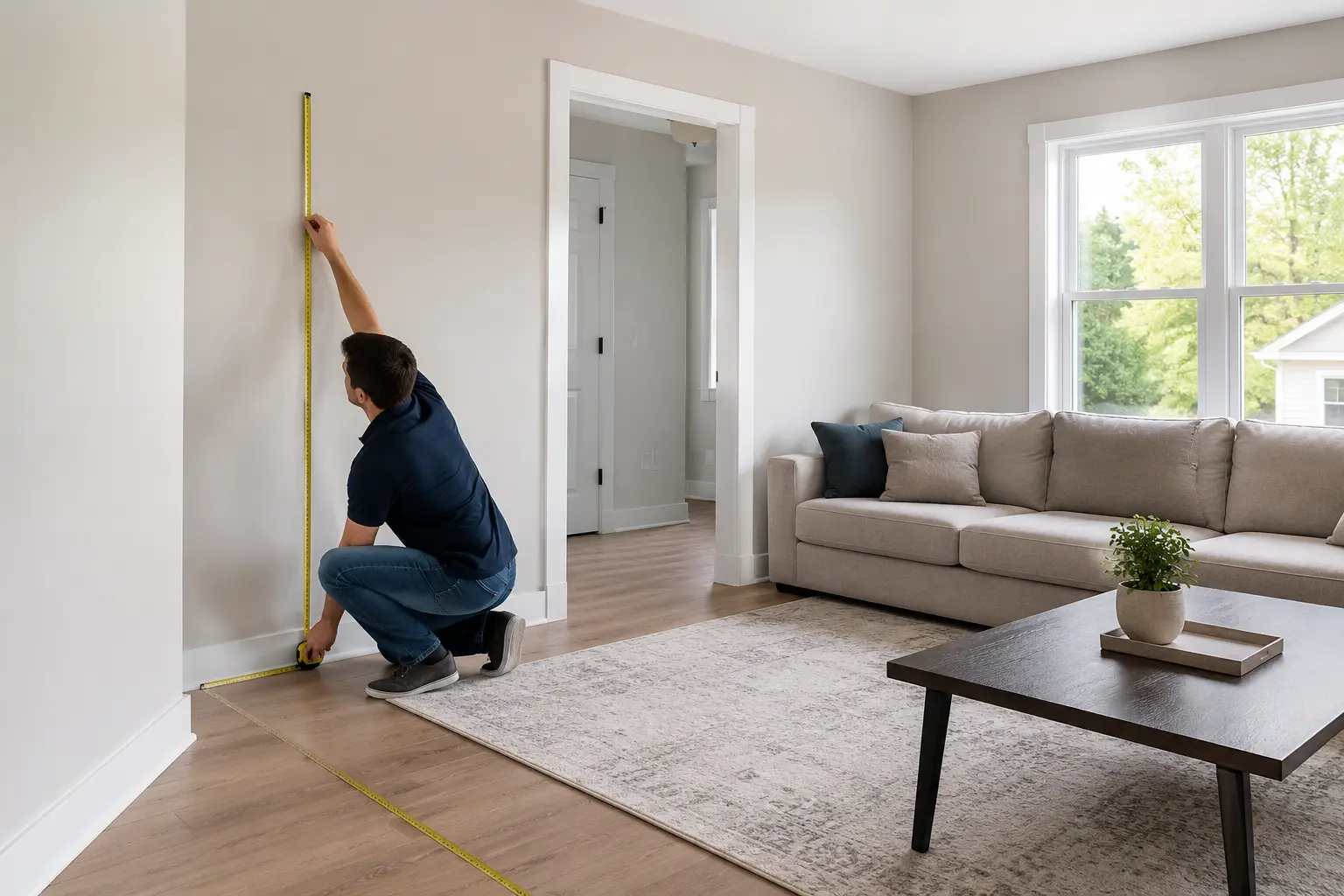 Person measuring living room space with a tape measure before buying furniture