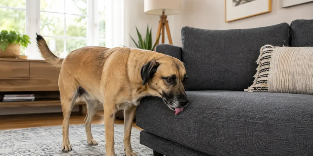 Calm dog briefly licking a sofa and looking away