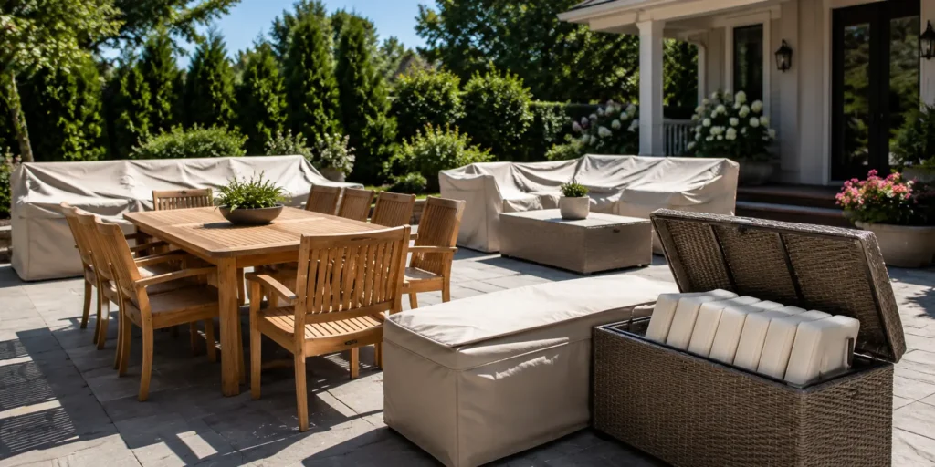 Protected outdoor furniture covered for long-term maintenance