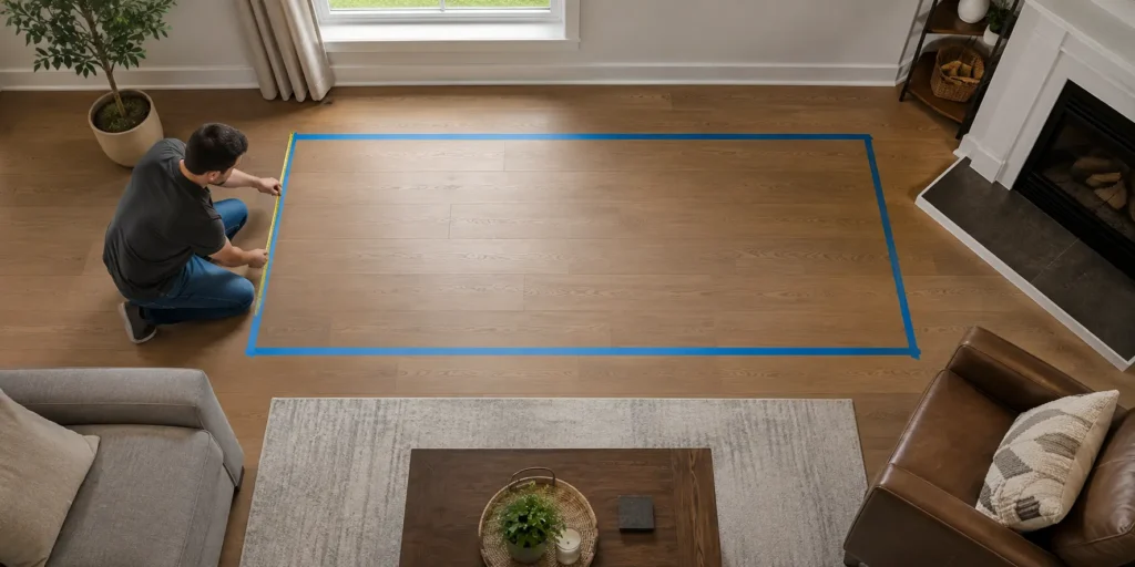 Painter's tape marking a sofa footprint on a living room floor