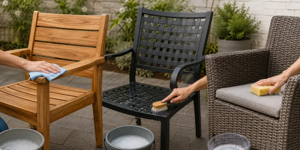 Teak, metal, and wicker patio furniture being cleaned with gentle tools