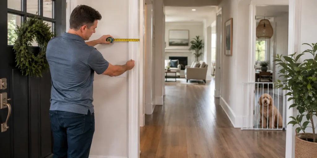 Homeowner measuring a doorway and clearing the path for furniture delivery.