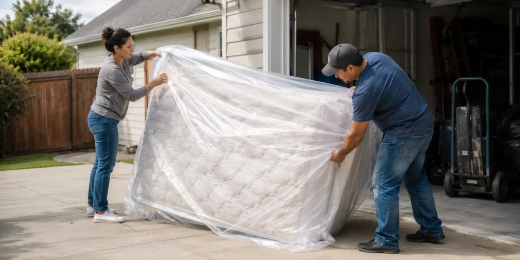 Old mattress being covered in a protective bag before disposal