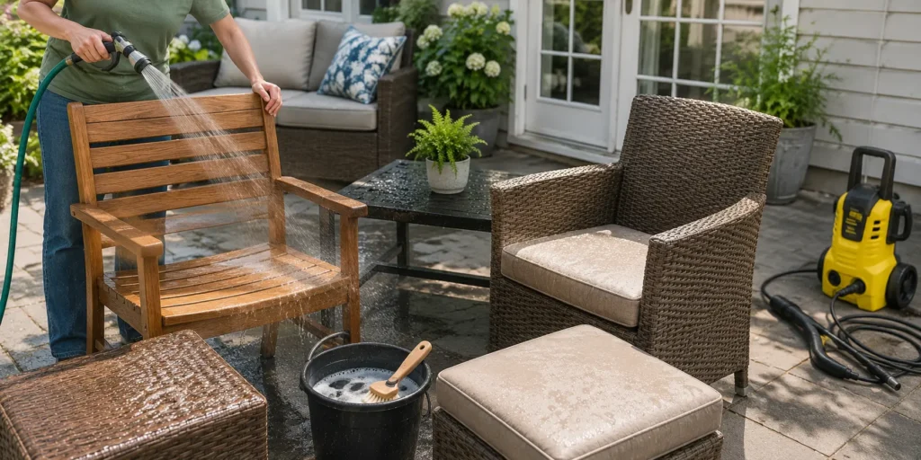 Patio furniture rinsed gently with a garden hose instead of a pressure washer