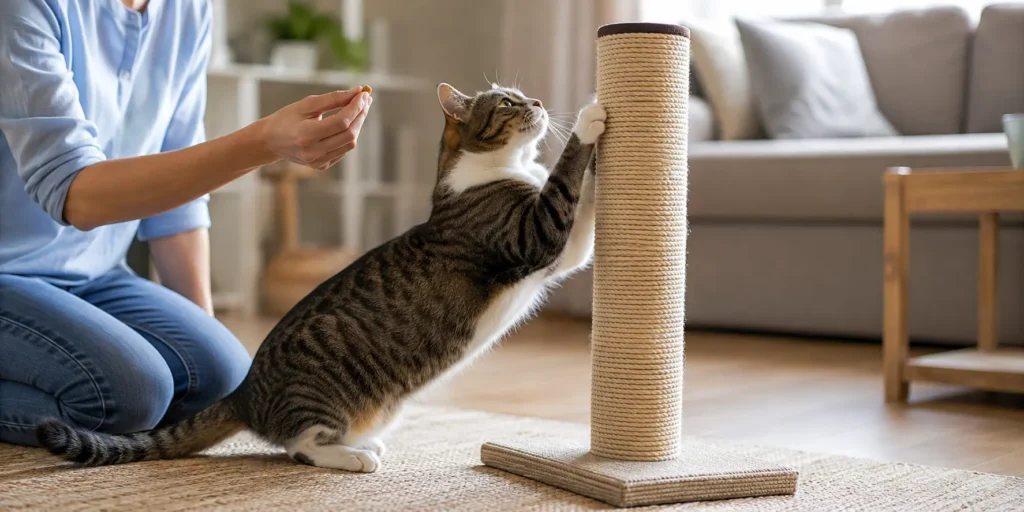 Owner rewarding a cat for voluntarily using a scratching post