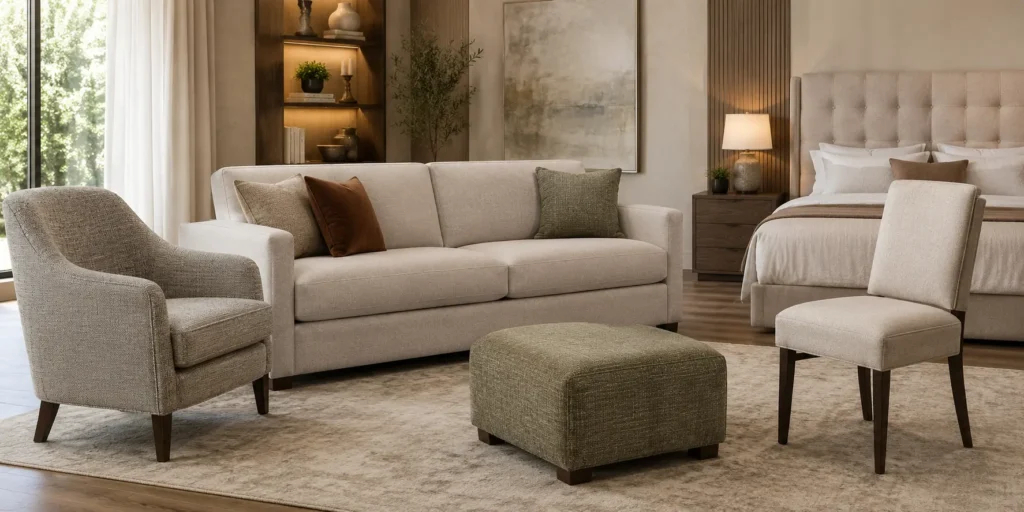Examples of upholstered furniture including a sofa, armchair, dining chair, ottoman and headboard