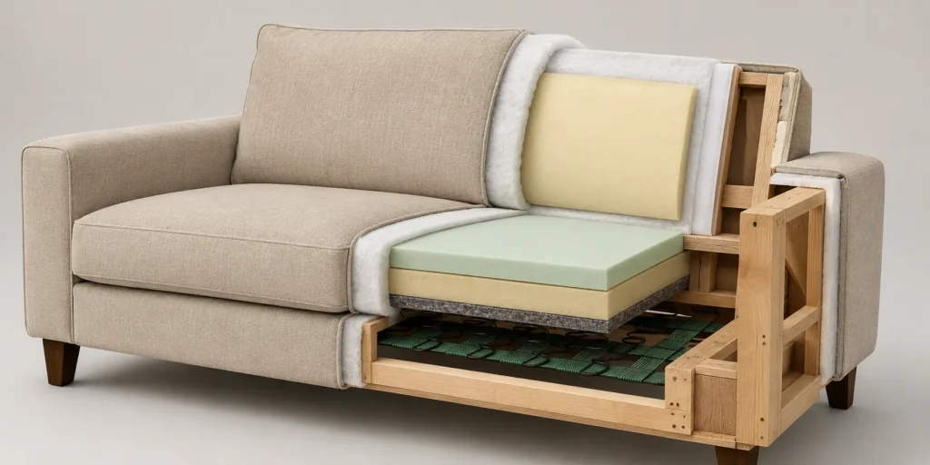 Cutaway view of an upholstered sofa showing fabric, padding, suspension and wooden frame