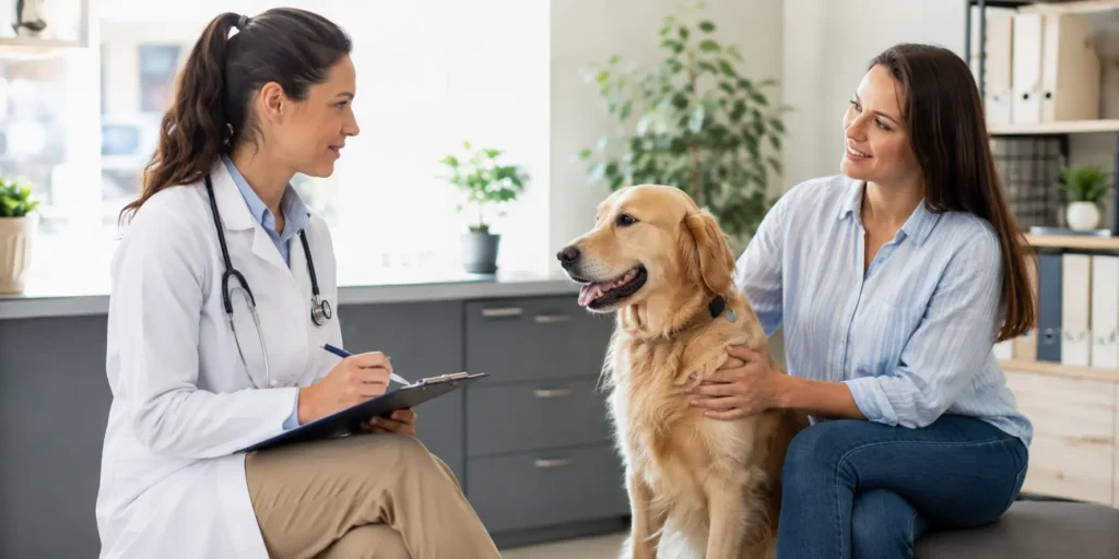 Dog being evaluated by a veterinarian for persistent licking behavior