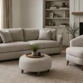Upholstered sofa and accent chair with padded fabric surfaces in a modern living room