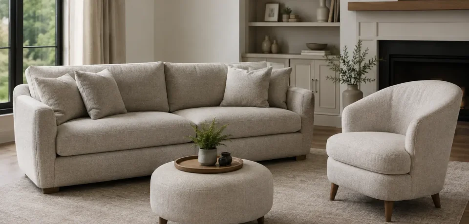 Upholstered sofa and accent chair with padded fabric surfaces in a modern living room