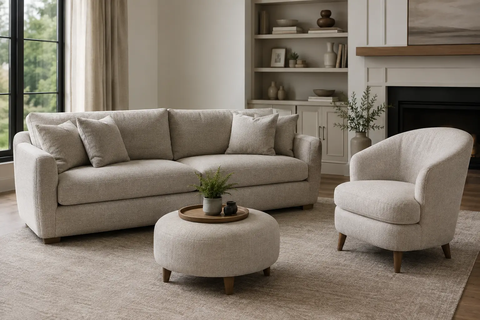 Upholstered sofa and accent chair with padded fabric surfaces in a modern living room