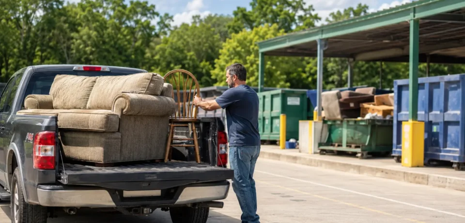 Old sofa and chair being taken to a legal furniture disposal facility