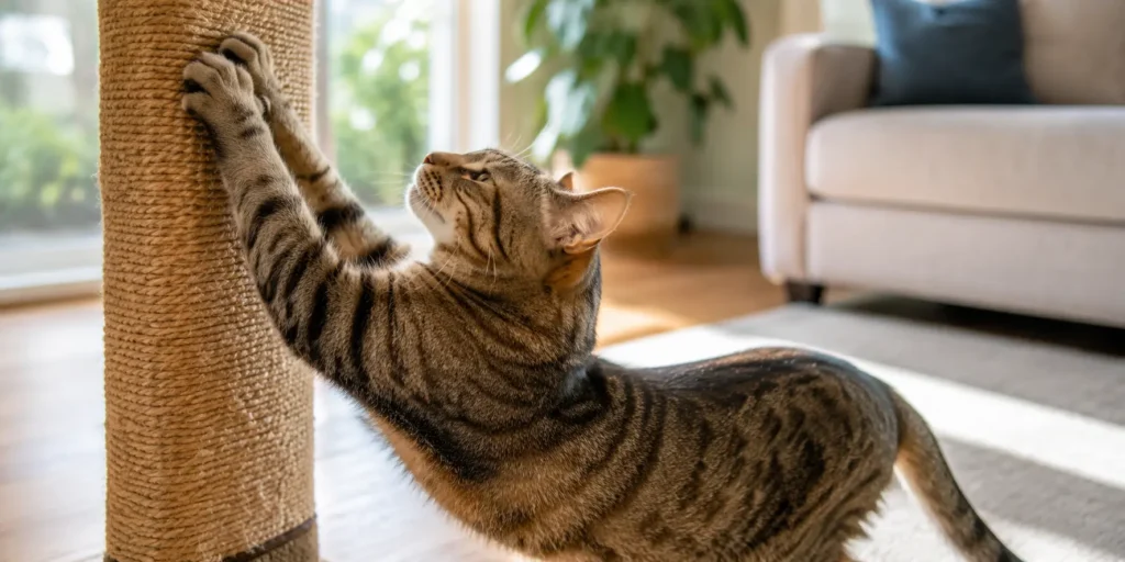 Cat stretching and scratching a vertical surface as part of normal feline behavior