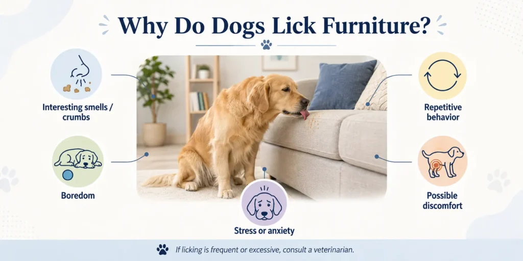 Possible reasons dogs may lick furniture including smells boredom stress and discomfort